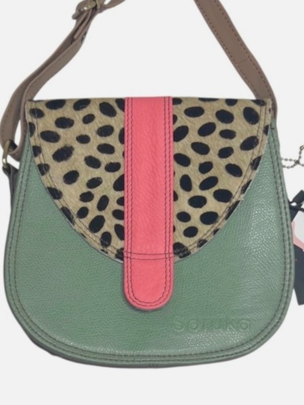 Soruka Ferrara Leather Crossbody Bag Green Pink Calf Hair Animal Print Purse NEW